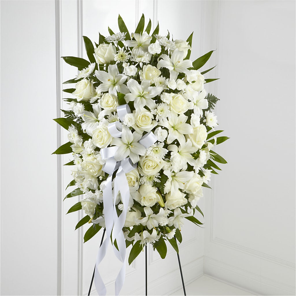 Exquisite Tribute Standing Spray-White Ribbon – Pleasant Acres Nursery, Inc., Westerly RI