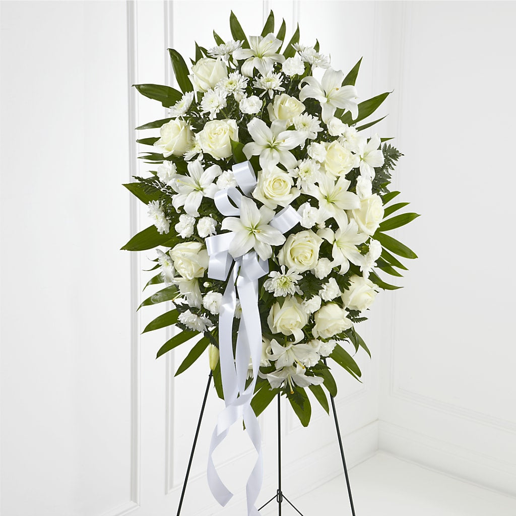 Exquisite Tribute Standing Spray-White Ribbon – Pleasant Acres Nursery, Inc., Westerly RI